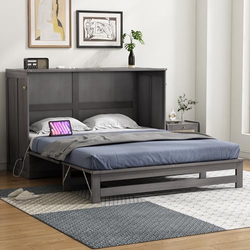Queen Size Solid Pine Murphy Bed Cabinet with Storage Drawer H455022