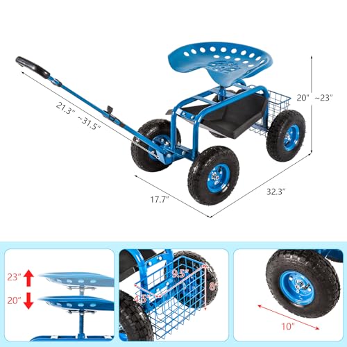 Garden Cart Rolling Work Seat with Tool Tray and Storage Basket on Wheels D605