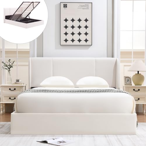 Queen Size Upholstered Storage Bed with Hydraulic Support Bars, White F113528