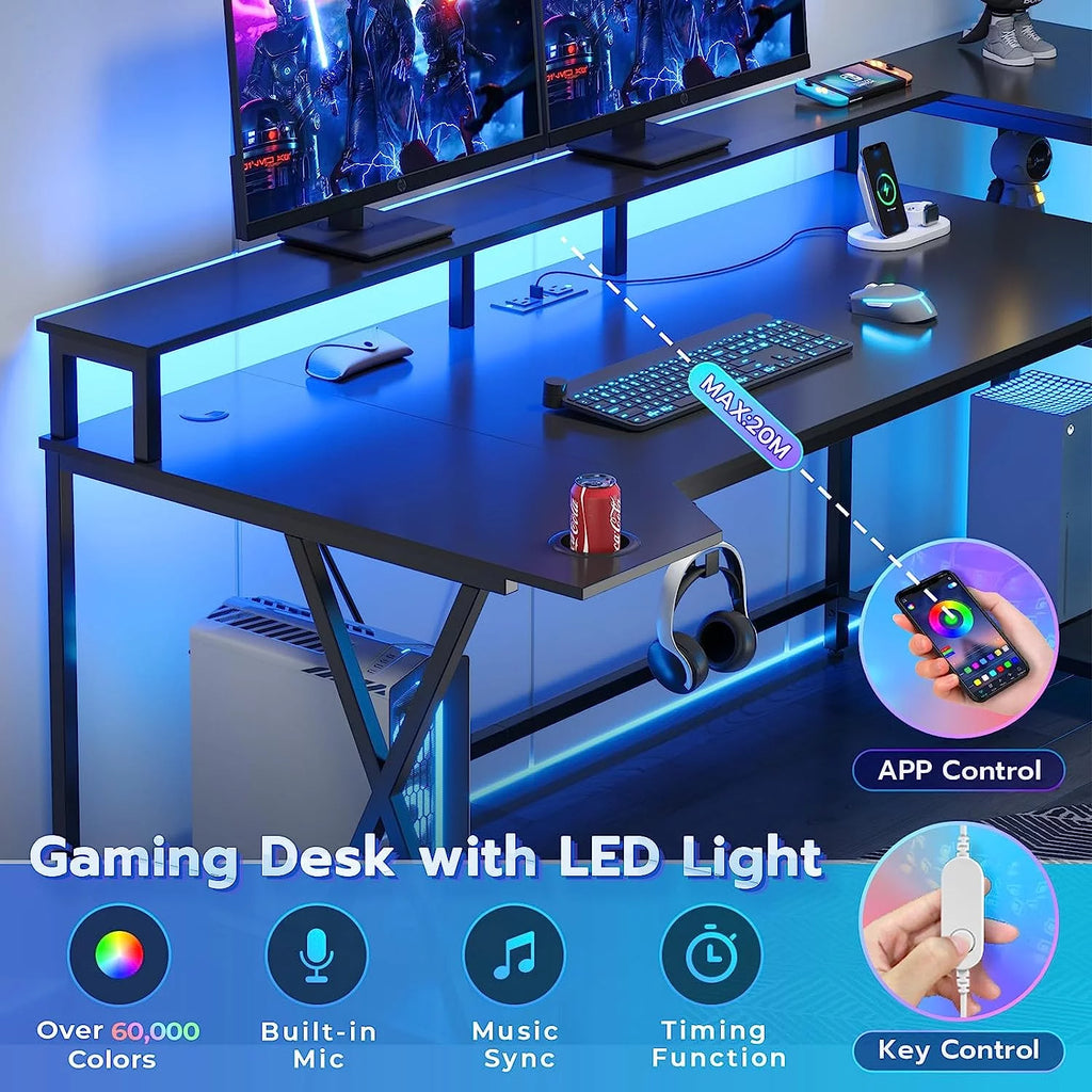 Black Computer Desk with LED Lights and Storage Shelves V94808