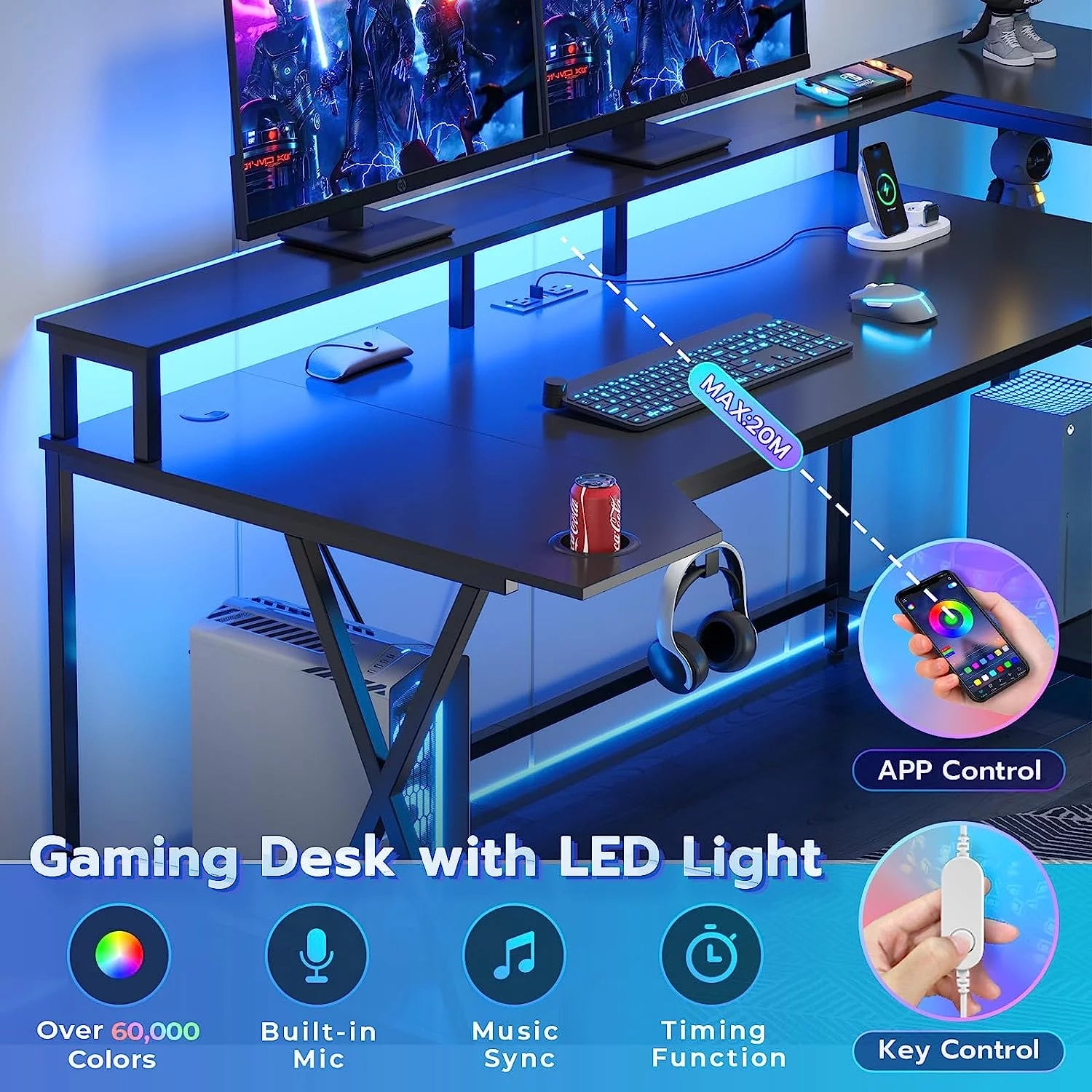 Black Computer Desk with LED Lights and Storage Shelves V94808