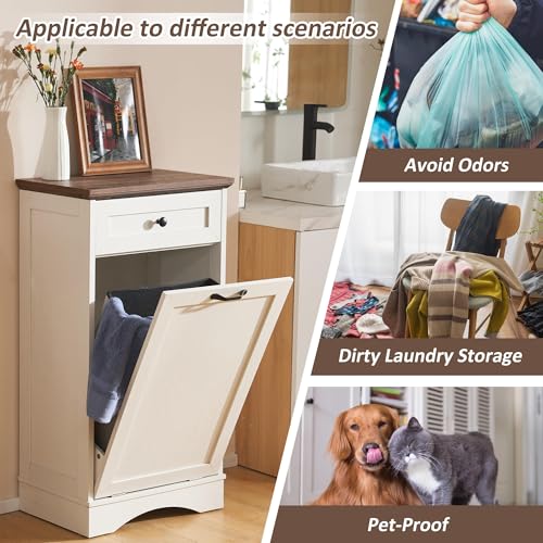 White 13 Gallons Wood Trash Cabinet with Hideaway Drawer J9582