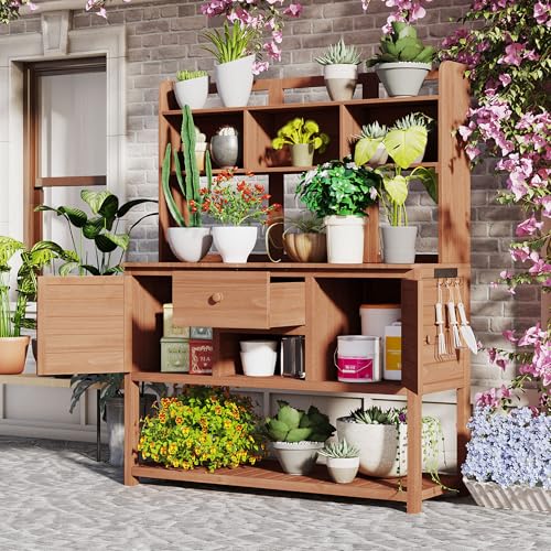 Light Brown Fir Wood Potting Bench with Drawers and Storage Shelves Q38373