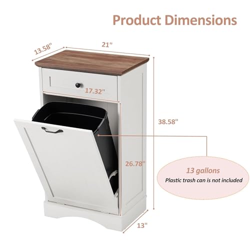 White 13 Gallons Wood Trash Cabinet with Hideaway Drawer J9582