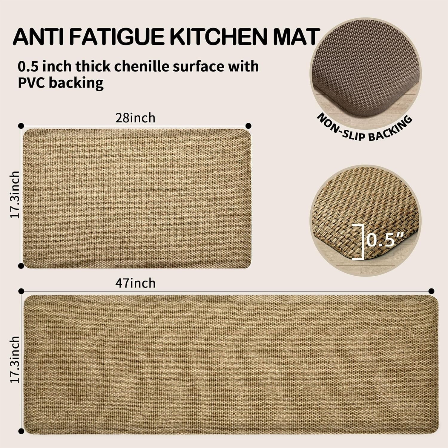 Beige Cushioned Anti-Fatigue Kitchen Mats 2PCS 17.3"x28" 17.3"x47" I6502