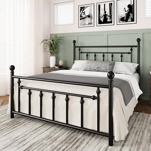 14 Inch Full Size Metal Platform Bed Frame with Victorian Vintage Headboard and Footboard Black G474