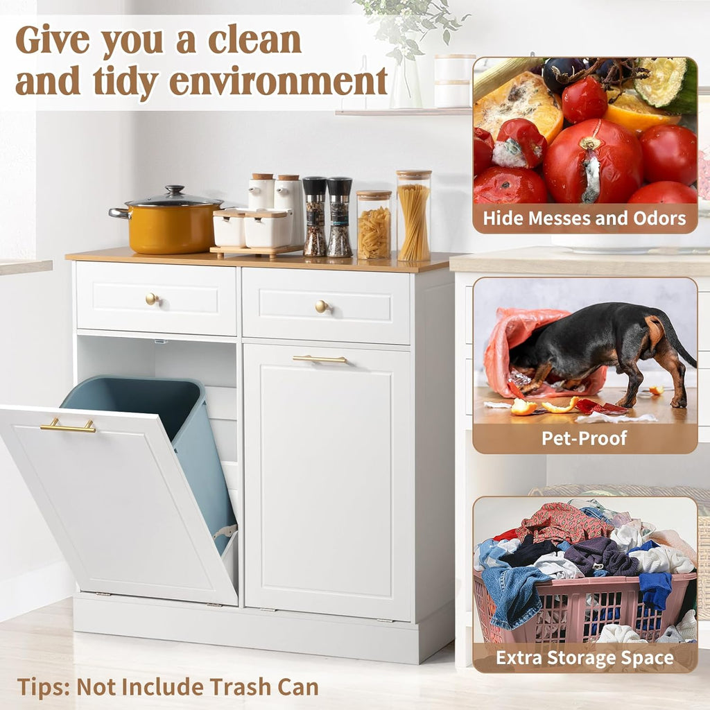 White 2 Doors 2 Drawers 2 Baskets Trash Cabinet J634