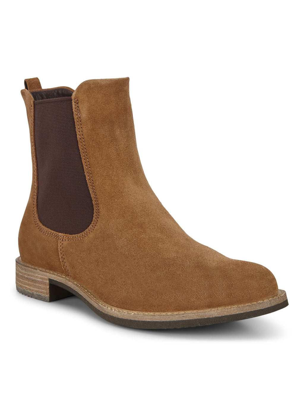 Camel Brown Elastic Side Panels Pull-Tab Back Padded Round Toe Block Heel Chelsea U638565