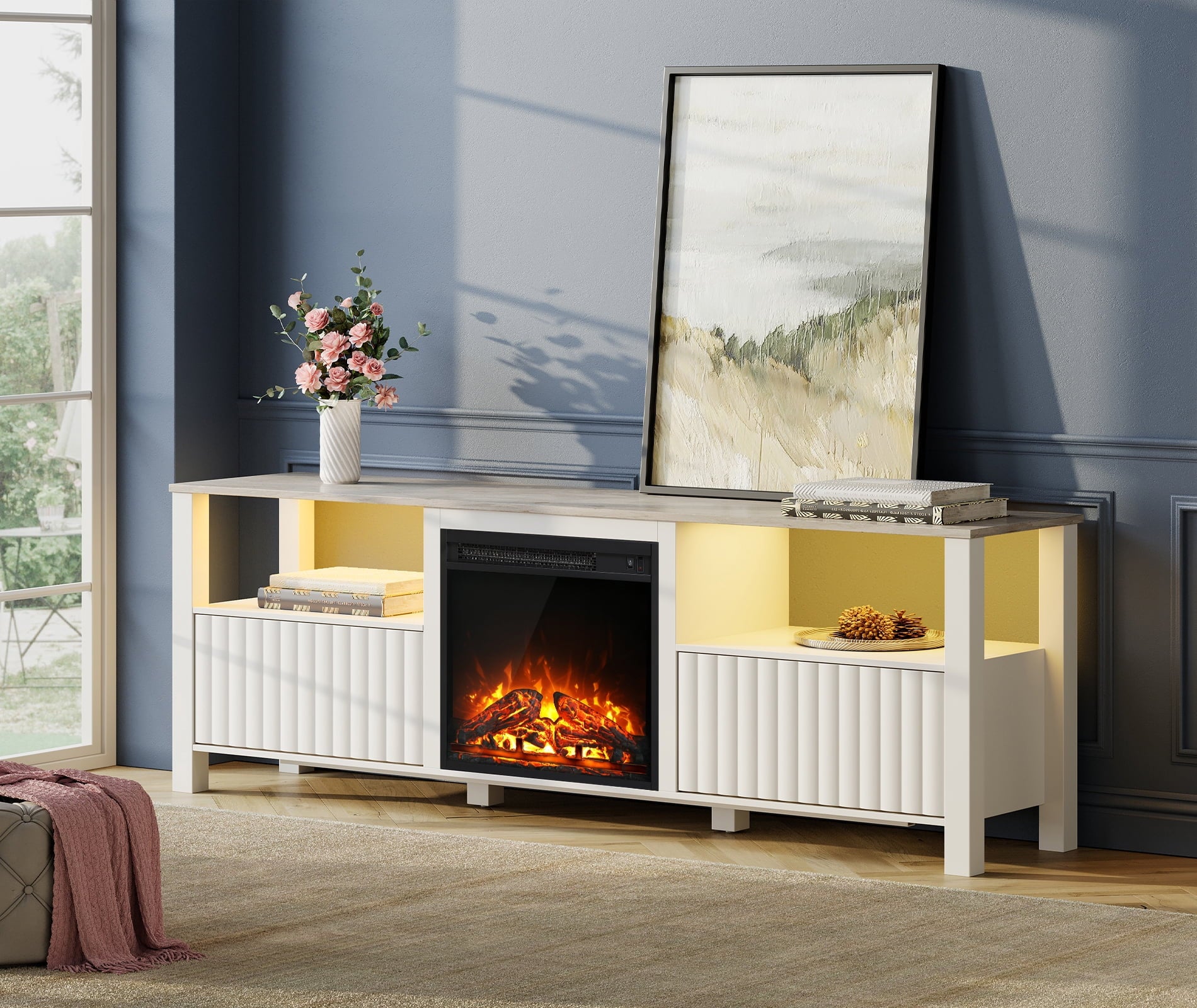 White 70 inch Electric Fireplace TV Stand P73578