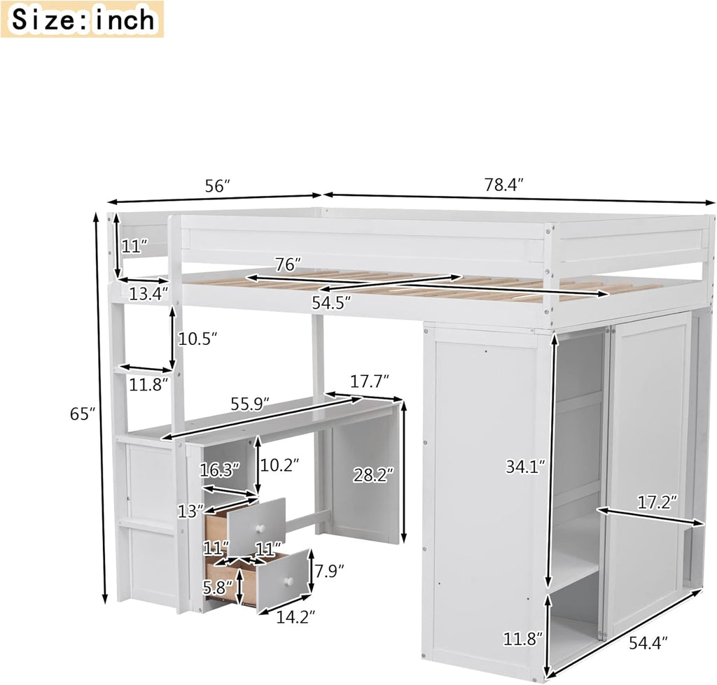 White Full Loft Bed with Wardrobe and Desk and Storage Drawers A918