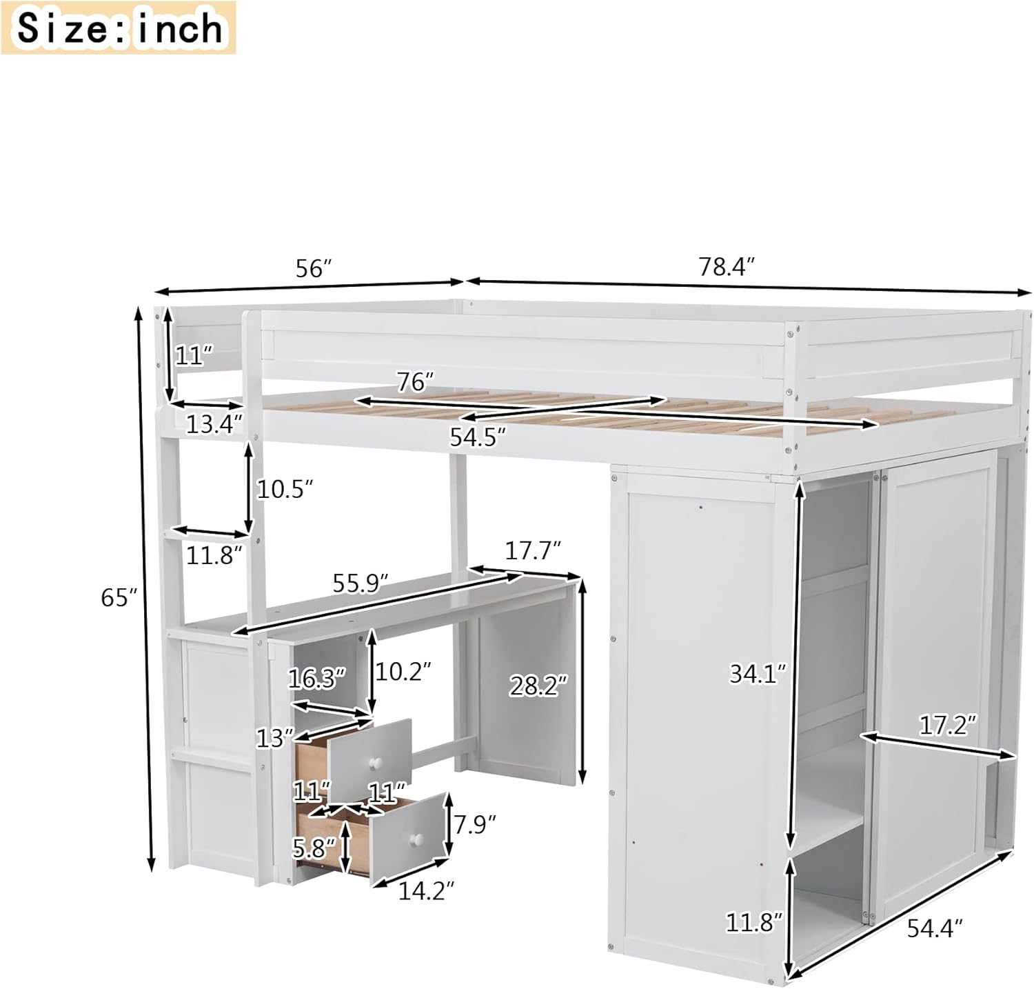 White Full Loft Bed with Wardrobe and Desk and Storage Drawers A918