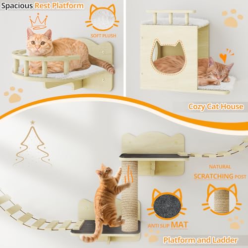 Cat Wall Shelves Set of 5 Wooden Shelves with Scratching Post H9199