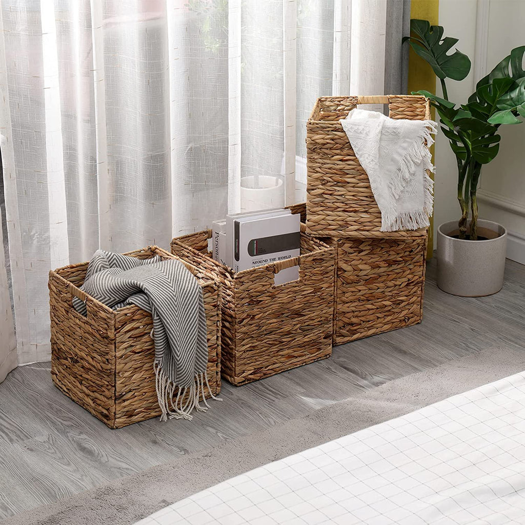 Set of 4 Handwoven Water Hyacinth Wicker Cube Baskets X484
