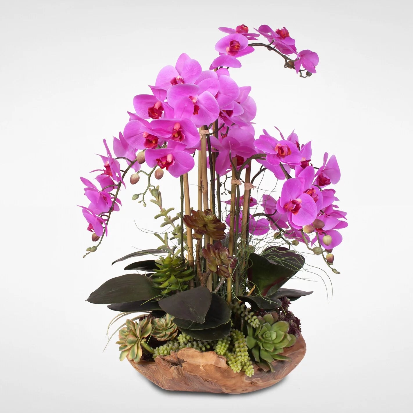 Real Touch 7-stems Silk Orchids in Natural Wood Bowl D8009