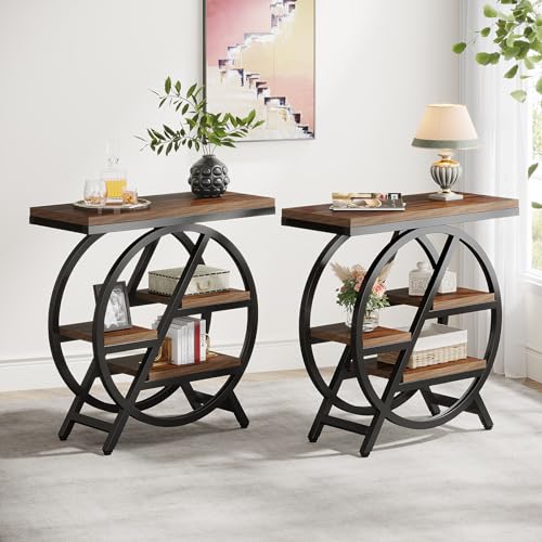 3-Tier Narrow Wood Side Table with Geometric Metal Frame K5110