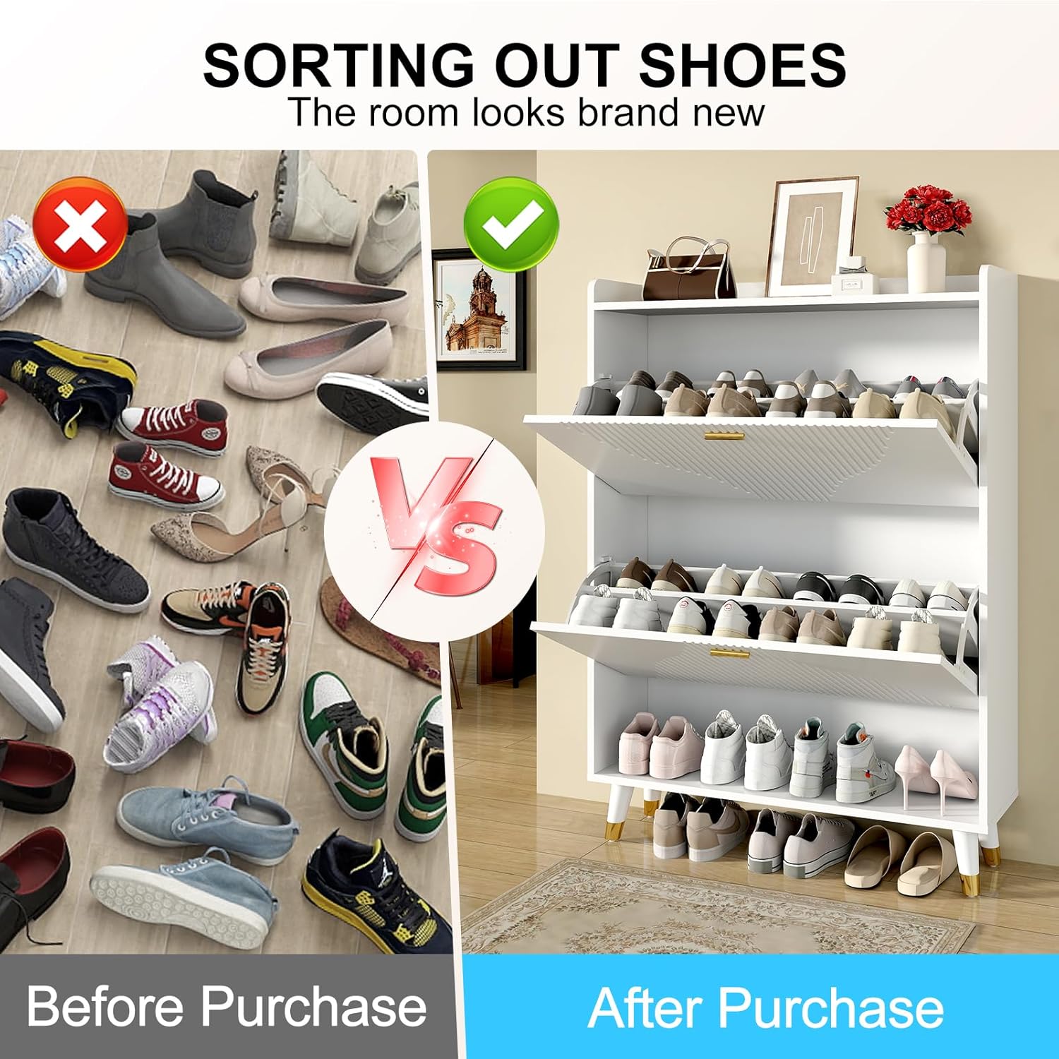 White Slim Shoe Storage Cabinet with Drawer U2946