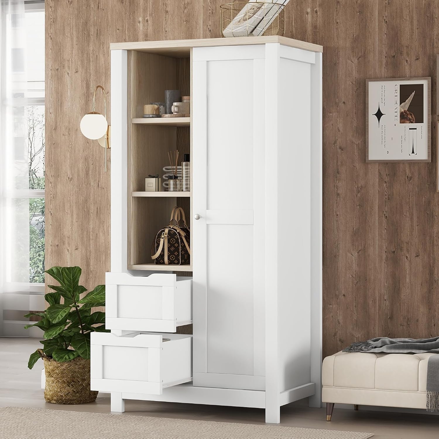 White Wooden Wardrobe Closet with 2 Drawers and Sliding Door W6757