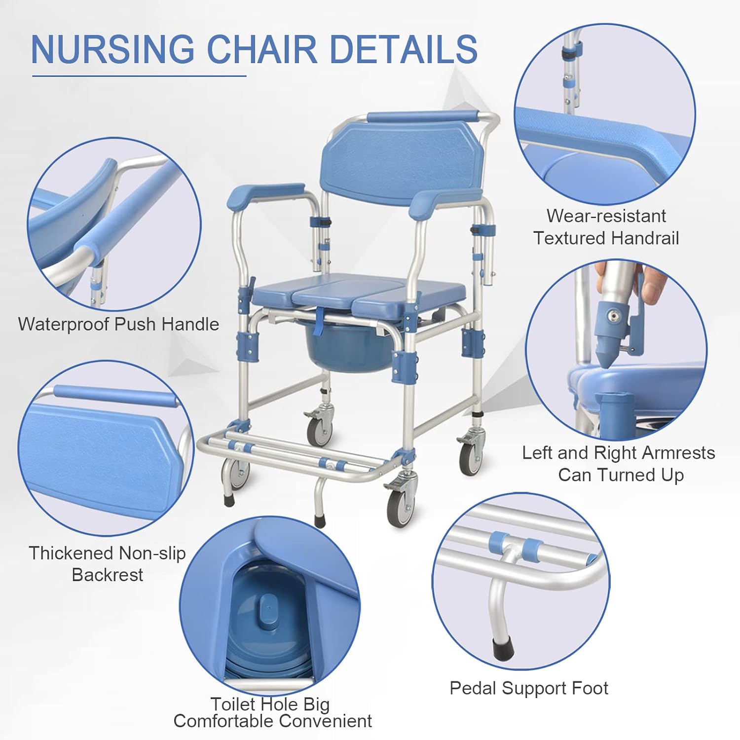 Rolling Showerchair with Built-in Toilet, 4 Wheel Brakes B5528