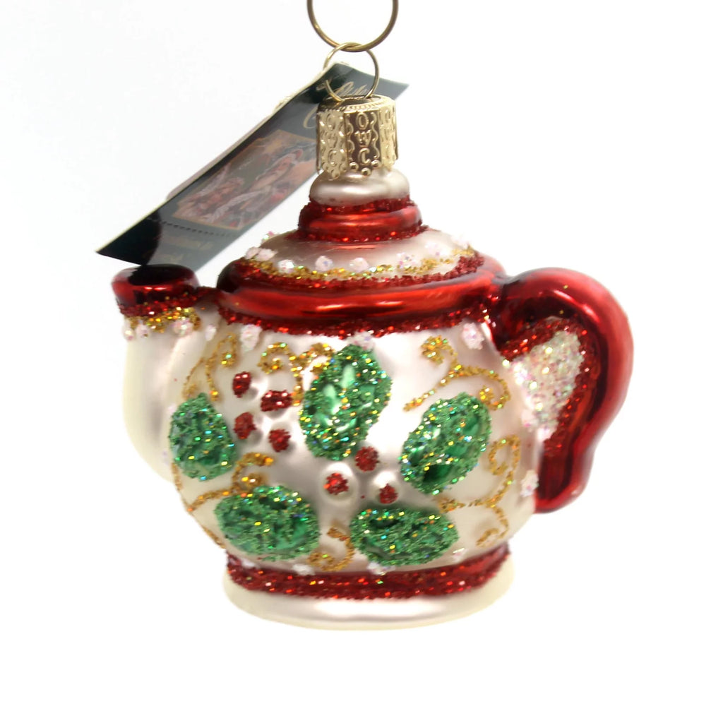 Glass Blown Christmas Ornament, Holly Teapot Y163109