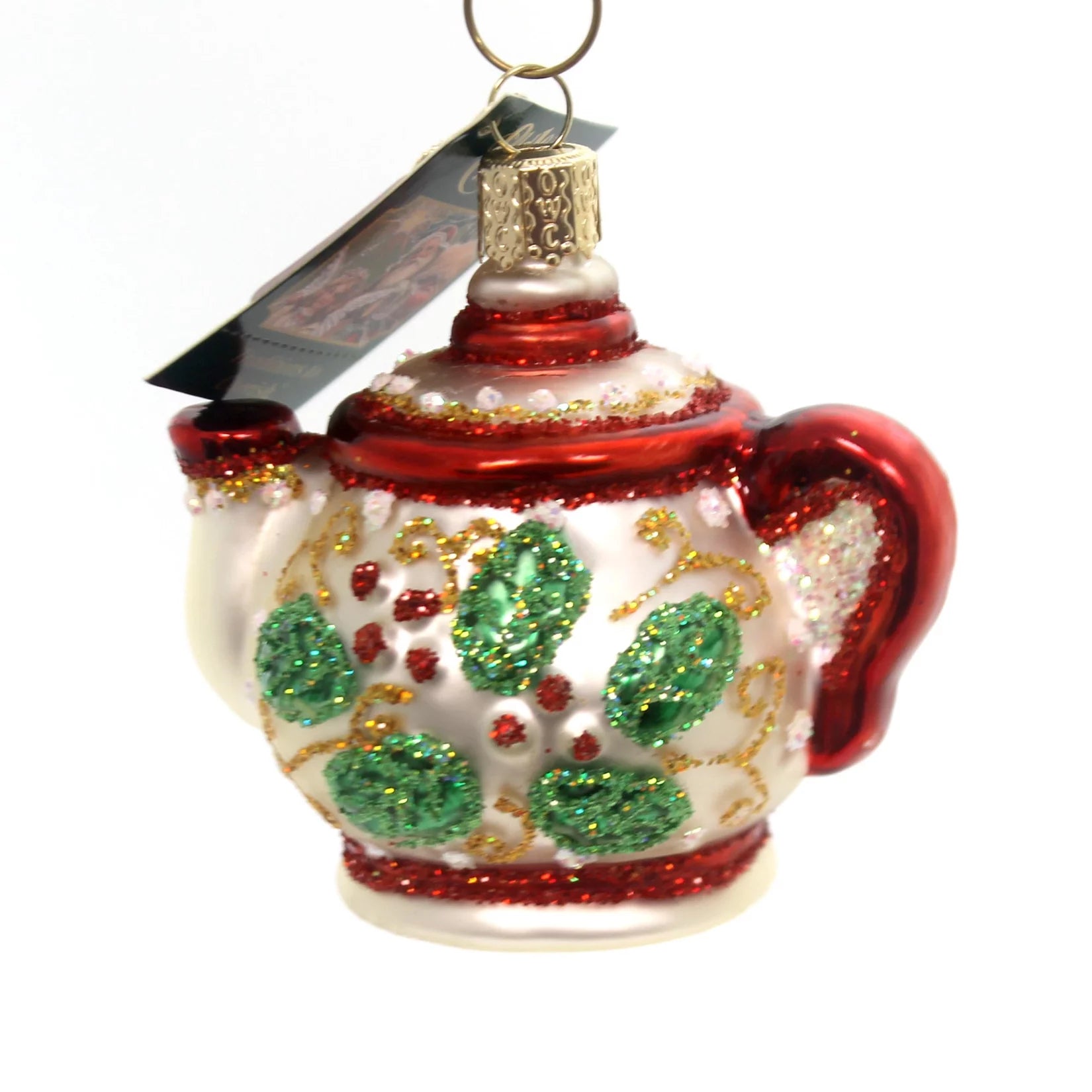 Glass Blown Christmas Ornament, Holly Teapot Y163109
