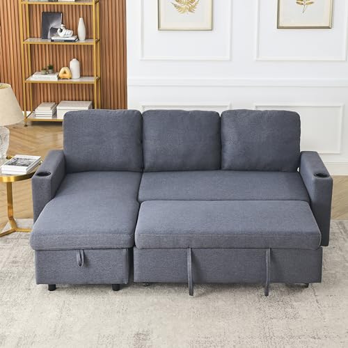 Light Grey Fabric Modular Sectional Sofa with Pullout Bed and Storage Chaise Y300