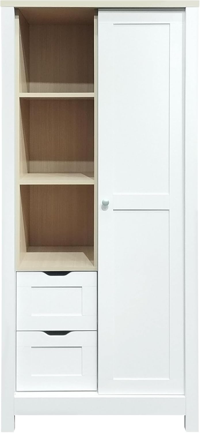 White Wooden Wardrobe Closet with 2 Drawers and Sliding Door W6757