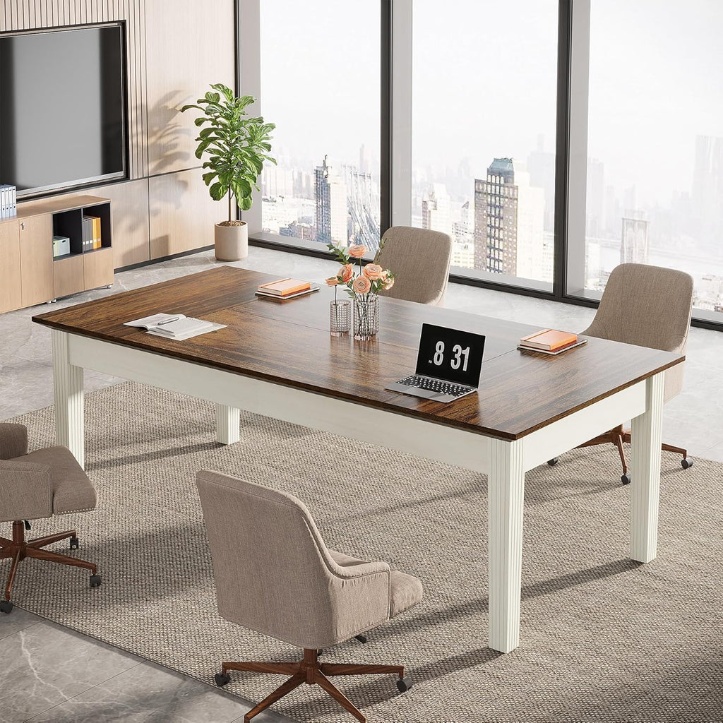 Rustic Brown & White 62-Inch Computer Desk with Solid Wood Legs W843