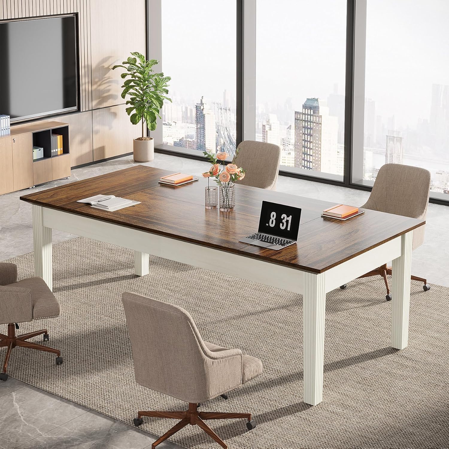 Rustic Brown & White 62-Inch Computer Desk with Solid Wood Legs W843