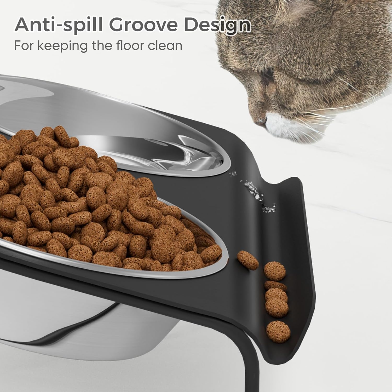 Raised Cat Food and Water Bowl Set with Stainless Steel Stand, 15° Tilted Elevated Cat Bowl, Double Metal Bowls T474477