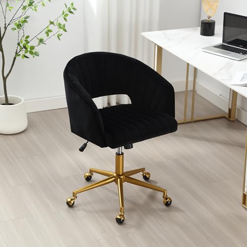 Black Corduroy Height Adjustable Swivel Desk Chair with Gold Base O3763