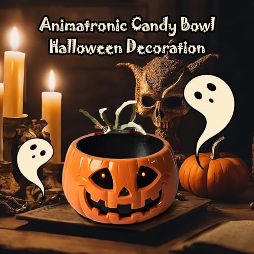 Halloween Candy Bowl with Moving Skull Hand and Glowing Red Eyes Q930983