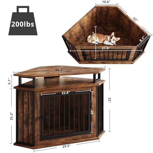 Rustic Brown Corner Wooden Dog Crate with 2-Tier Shelves A389397