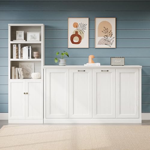 Twin Size Murphy Bed with Storage Bookshelf and USB Charging Station, Folding into a Cabinet, Rustic White H7798