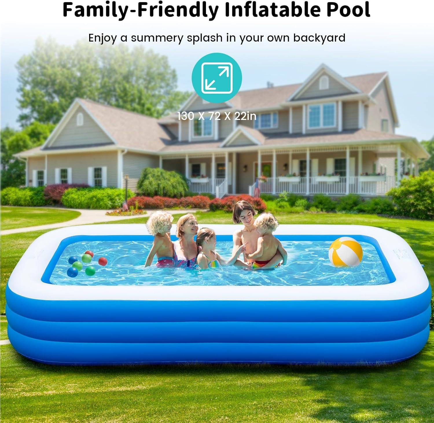Extra Large Inflatable Pool 130"x 72" x 22" Oversized Blow Up Pool with Pump Q400375