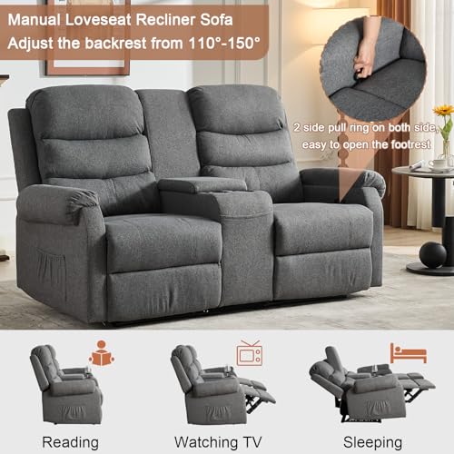 Grey Manual Reclining Loveseat Sofa 2 Seater with Cup Holders C288770