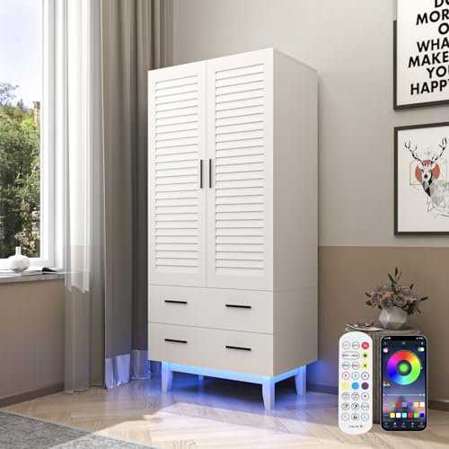 White 3 Door Armoire Wardrobe with Drawers and LED Lights K341