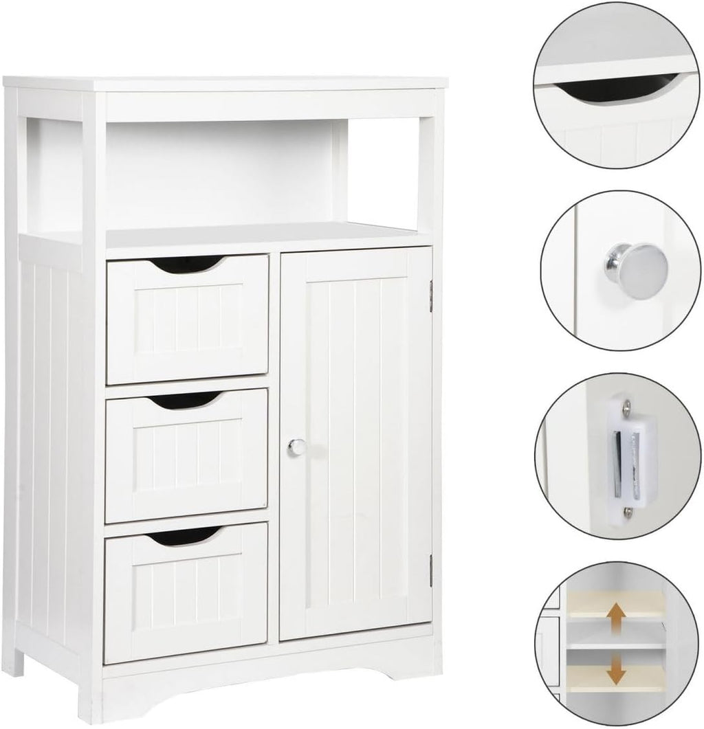 White Wooden Bathroom Floor Cabinet with 1 Door and 3 Drawers Q44508