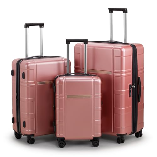 3 Piece Expandable Luggage Set PC+ABS Hard-Side Spinner Suitcase 20in 24in 28in Rose Gold M993931