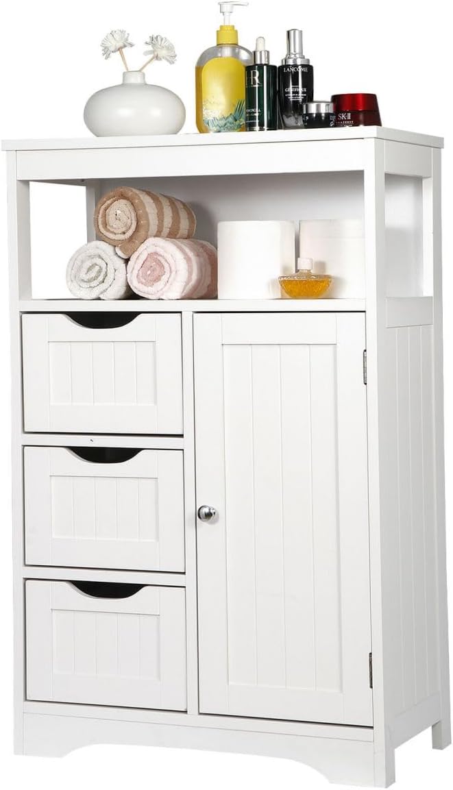 White Wooden Bathroom Floor Cabinet with 1 Door and 3 Drawers Q44508