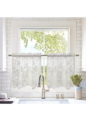 Ivory Embroidered Floral Lace Window Curtain Swag Pair 72" x 32" E7513