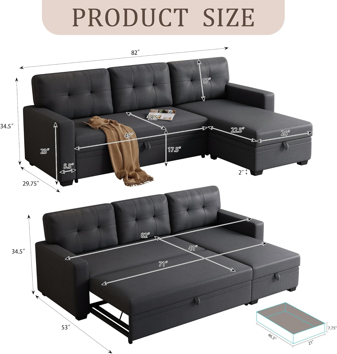 Dark Gray Linen Upholstered 3 Seater Pull Out Sofa Bed with Storage Chaise P77352