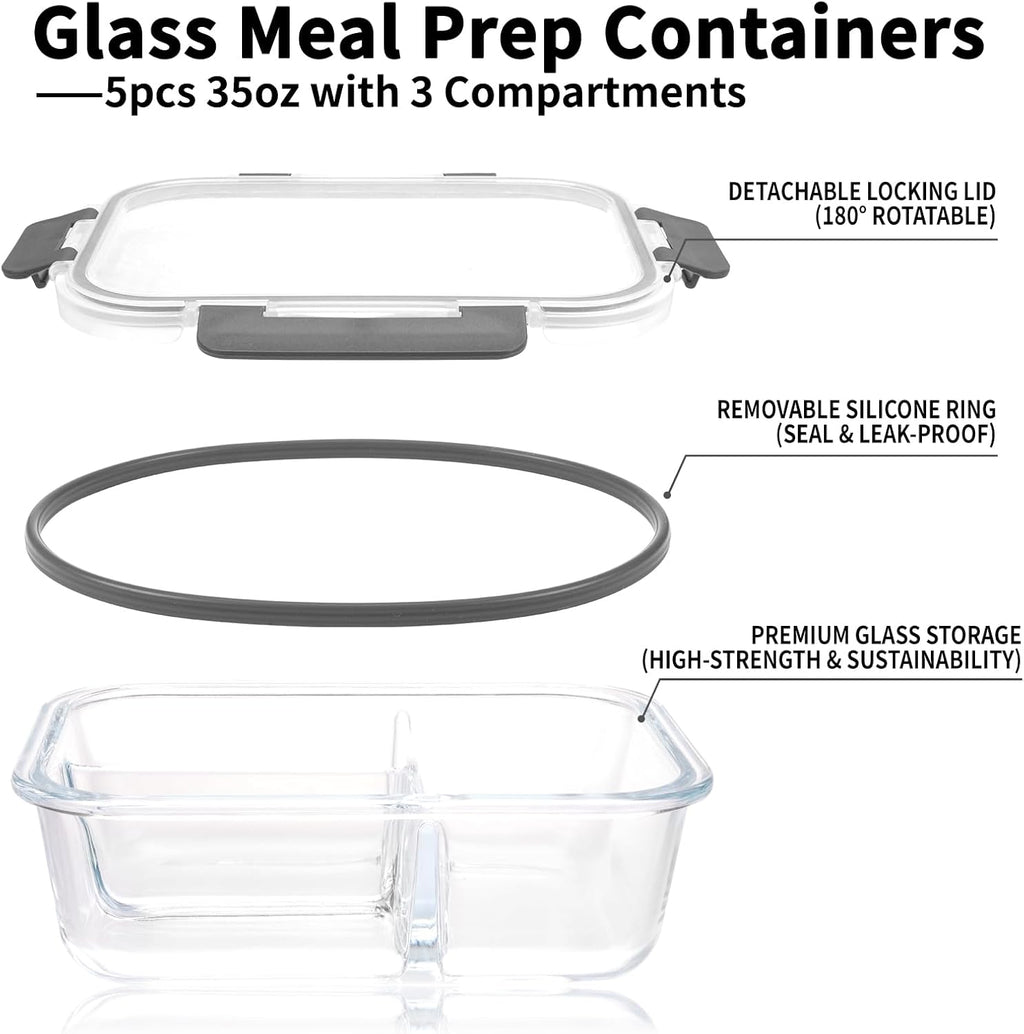 5-Pack 3 Compartments 35oz Glass Meal Prep Containers with Lids, Grey N170