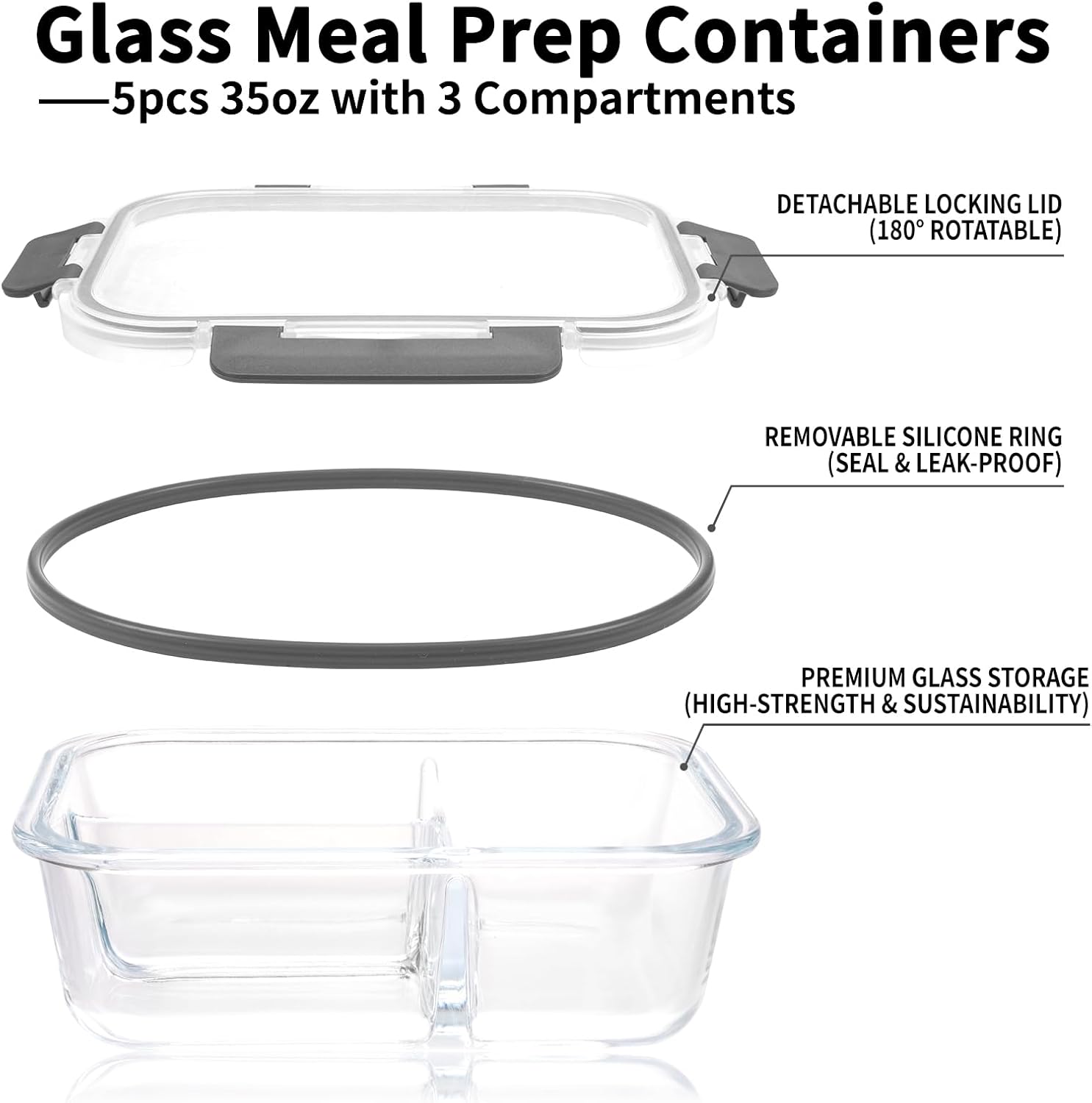 5-Pack 3 Compartments 35oz Glass Meal Prep Containers with Lids, Grey N170