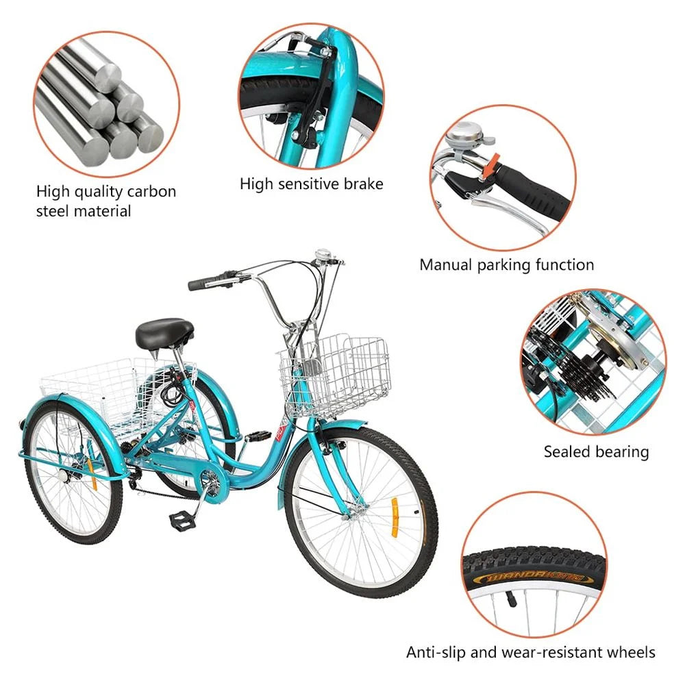 Adult Trike 7 Speed 24/26 Inch Three-Wheeled Cruiser Bike with Folding Front & Rear Basket Adjustable Height Seat R54578