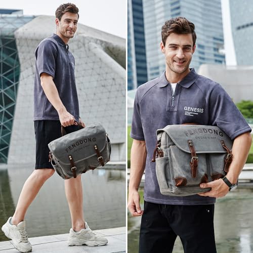 Mens 15.6 Inch Waxed Canvas Genuine Leather Briefcase Shoulder Bag Black Gray K3970