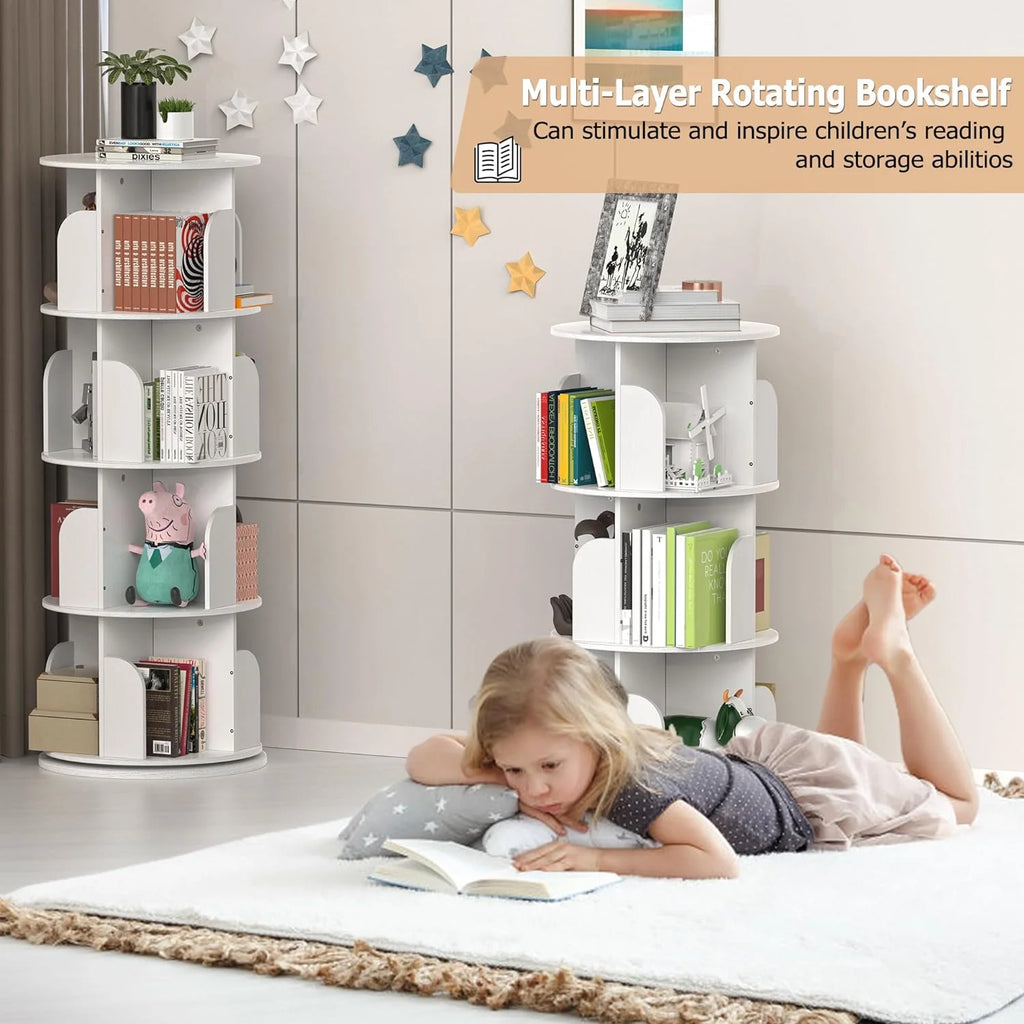 White 4 Tier Rotating Bookshelf E51409