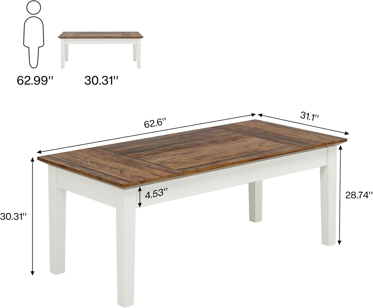 Rustic Brown & White 62-Inch Computer Desk with Solid Wood Legs W843