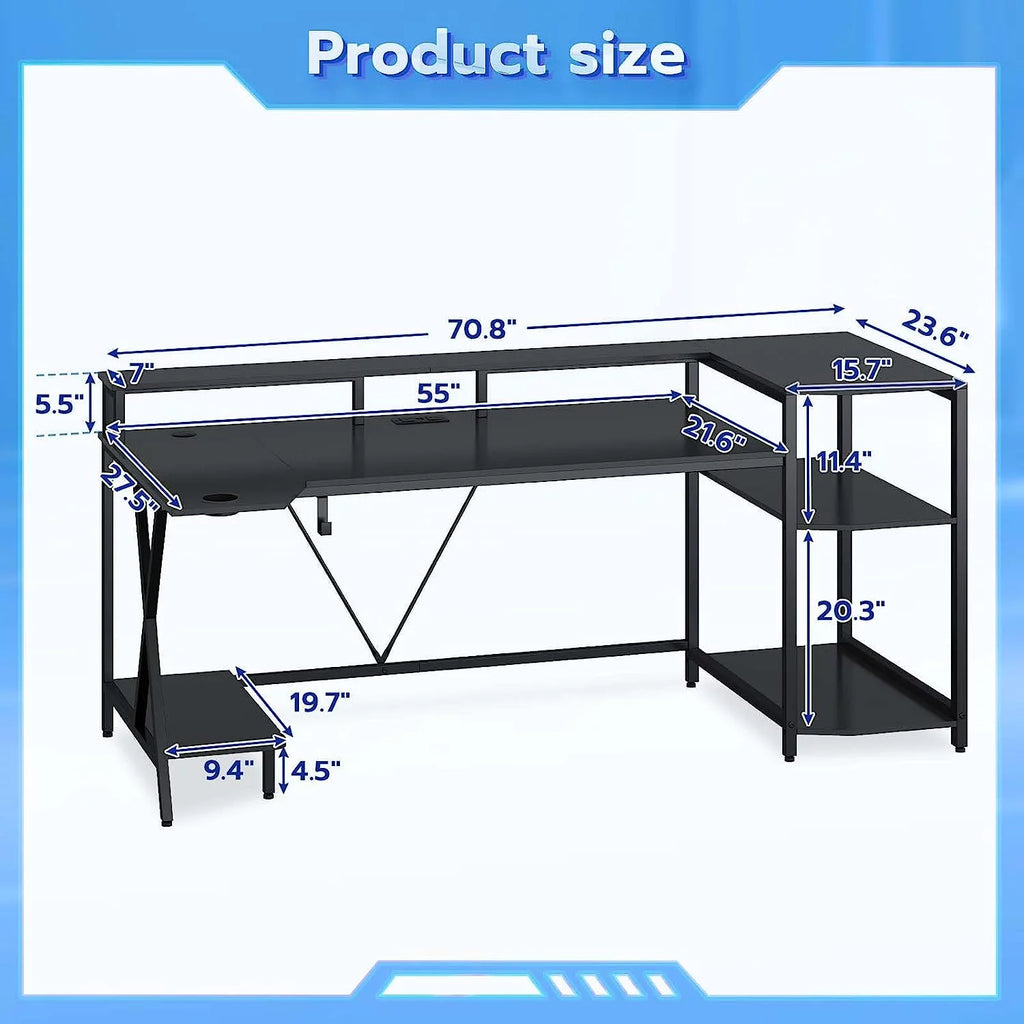 Black Computer Desk with LED Lights and Storage Shelves V94808