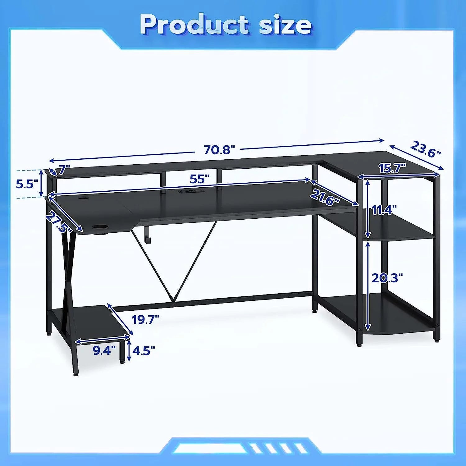Black Computer Desk with LED Lights and Storage Shelves V94808
