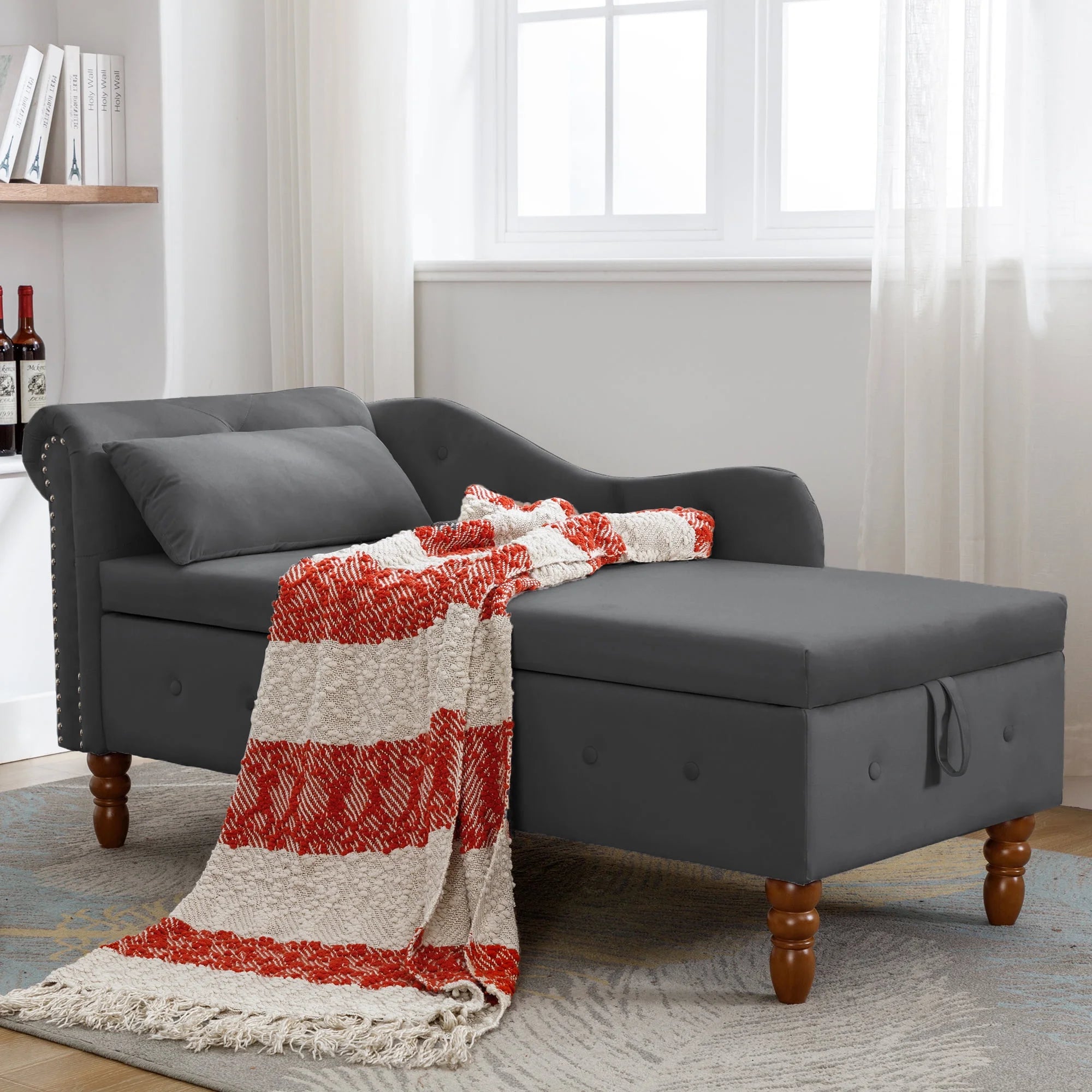 Black Velvet Chaise Lounge with Storage and Pillow C655